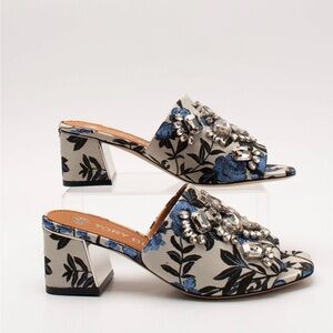 Tory Burch Blue and White Mules with Artistic Design crystal jewelry Brand New